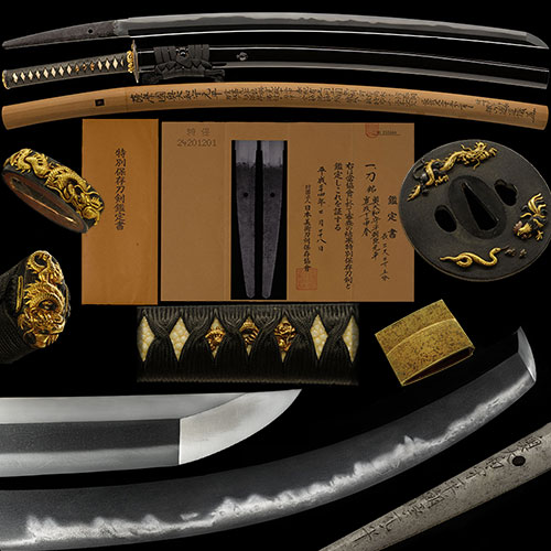  奥大和守平朝臣元平 寛政十二申春 金無垢目貫時代拵付 身幅3.3cm沸匂深く金筋頻りに織成す傑作 二尺二寸五分