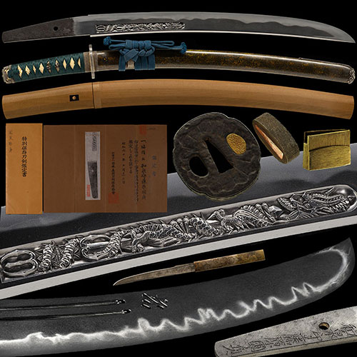 脇差 和泉守藤原国貞 倶利伽羅同作彫見事 身幅3.3cm重要候補傑作 時代拵付 一尺二寸八分