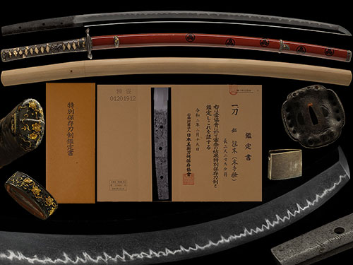 銘 包末 手掻 土佐山内家伝来 三つ柏紋散朱塗鞘半太刀拵 二尺二寸九分