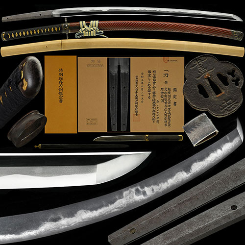 相模国正宗末葉義弘作 文政庚辰首冬 尽忠報国 正宗写し沸美しく輝き匂沸深い最高傑作 時代朱塗鞘打刀拵付 二尺二寸七分