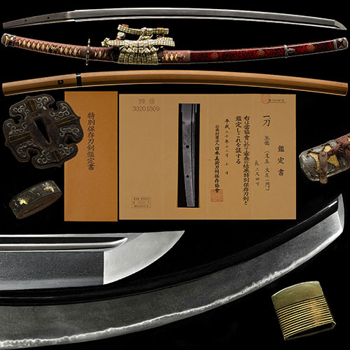 刀 末左 大左一門 南北朝時代 桐紋散糸巻太刀拵付 映り立ち小足葉金筋掛る名品 二尺四寸