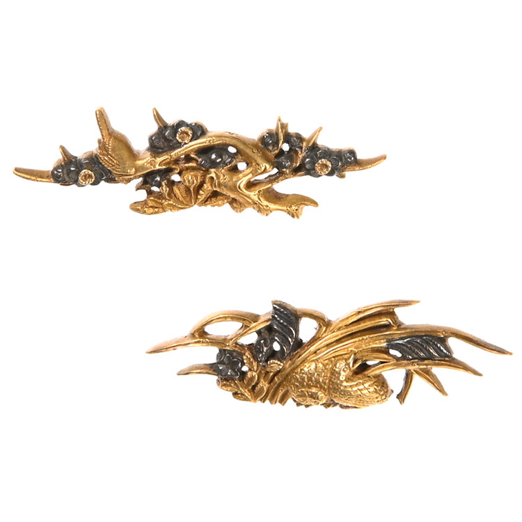 金無垢 割際端銘 英・寿 春秋花鳥図目貫