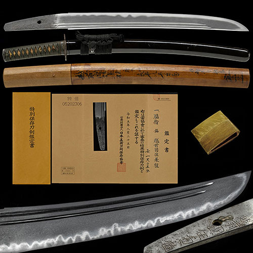 越前国住兼植 時代黒蝋色塗鞘拵付 映り立ち互の目丁子に二十刃飛び焼き金筋砂流し頻りに掛る優品 一尺五分