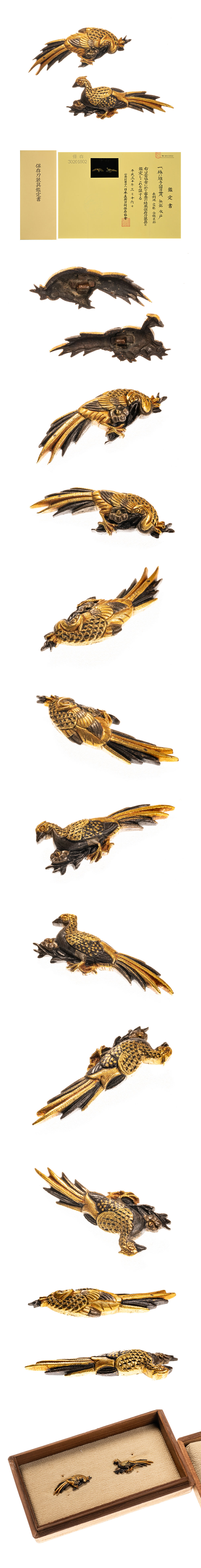 水戸 椿に雉子図目貫 保存刀装具 