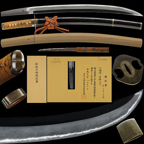 末左 南北朝時代 身幅3.2cm豪壮な薙刀直し 黒く精良な地鉄に映り立ち金筋沸筋掛る名品 総四分一金具拵付 一尺五寸四分