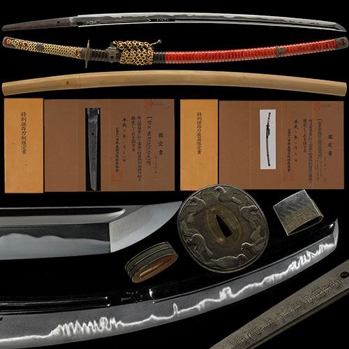 刀 粟田口近江守忠綱 亀甲唐草繋文刻鞘太刀拵付 内外重要候補 互の目丁子傑作 二尺四寸二分